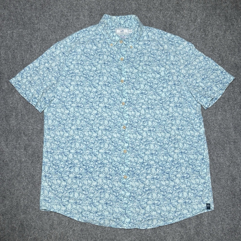 Southern Tide Linen Blend Button Down Shirt Men M Blue Geometric Short Sleeve